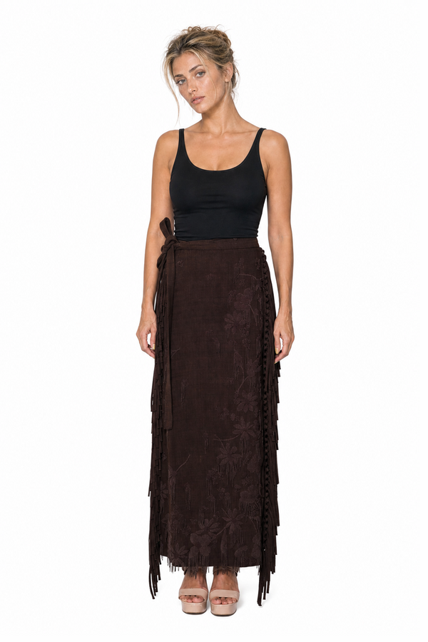 Valentino dark brown floral embroidered fringed wrap maxi skirt