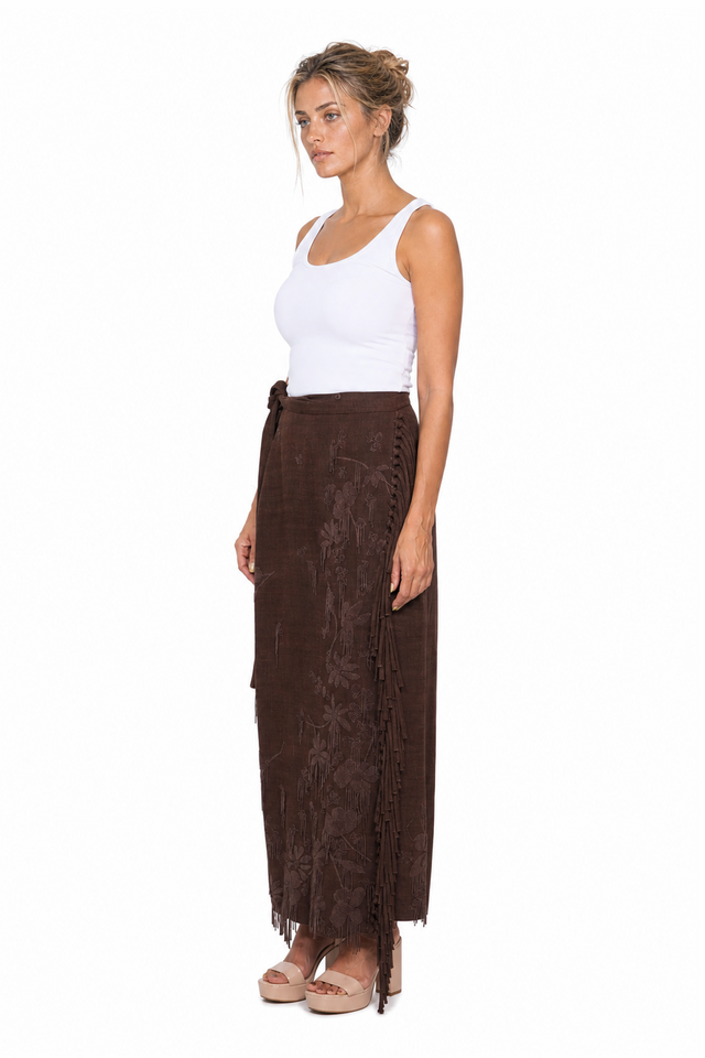 Valentino Women's Floral Embroidered Fringed Wrap Maxi Skirt in Dark Brown