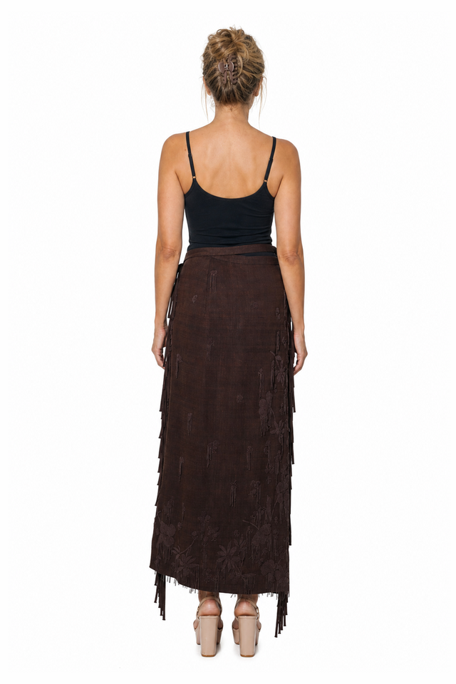 Valentino Women's Floral Embroidered Fringed Wrap Maxi Skirt in Dark Brown