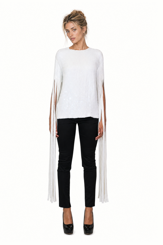 Valentino Sequined Fringe Cape-Sleeve Silk Top in Off-White