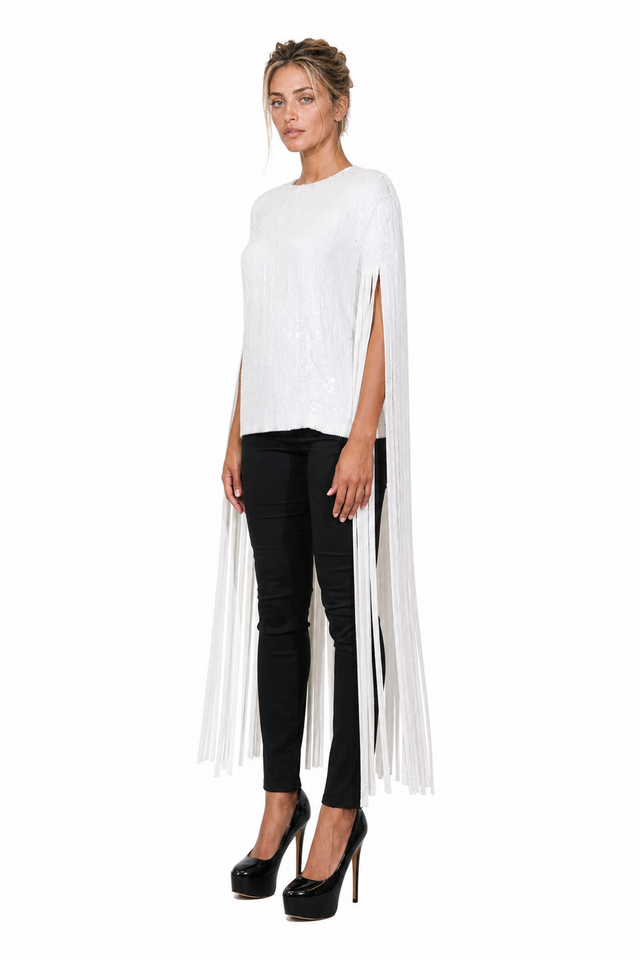 Valentino Sequined Fringe Cape-Sleeve Silk Top in Off-White