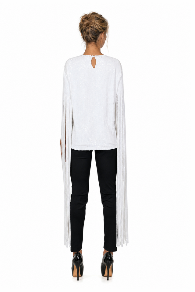 Valentino Sequined Fringe Cape-Sleeve Silk Top in Off-White