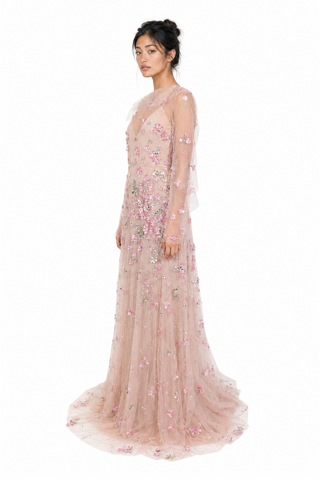 Valentino 3D Floral Appliqué Tiered Tulle Long-Sleeve Evening Gown in Blush Pink