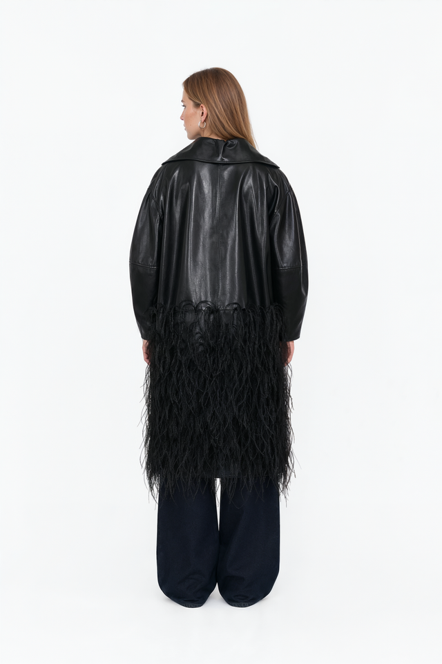 Back view of a Valentino black leather coat with feather overlay