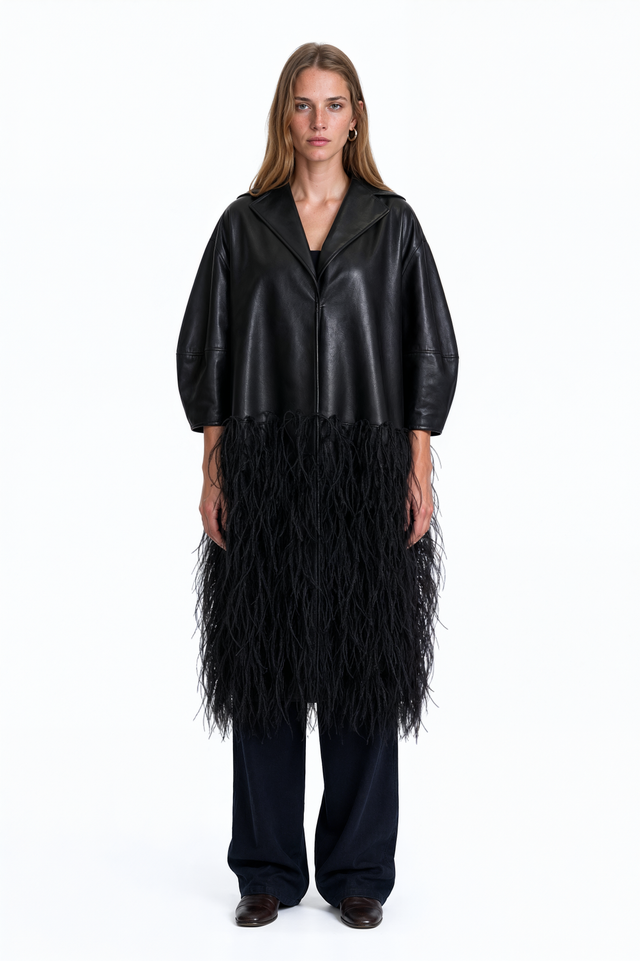 Valentino black leather coat with feather-fringed lower half – front view