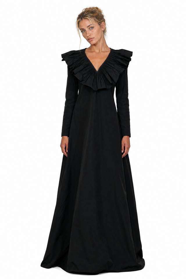 Valentino Pleated Collar Cotton-Taffeta Evening Gown in Jet Black