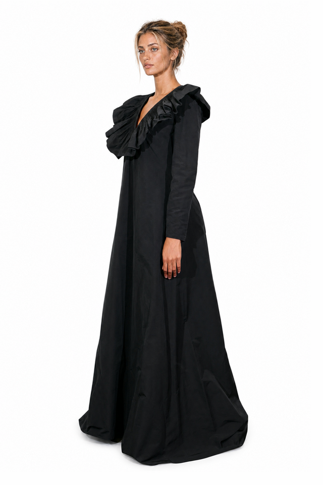 Valentino Pleated Collar Cotton-Taffeta Evening Gown in Jet Black
