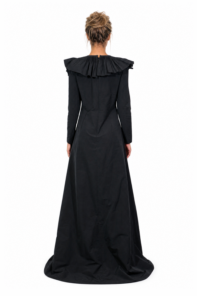Valentino Pleated Collar Cotton-Taffeta Evening Gown in Jet Black