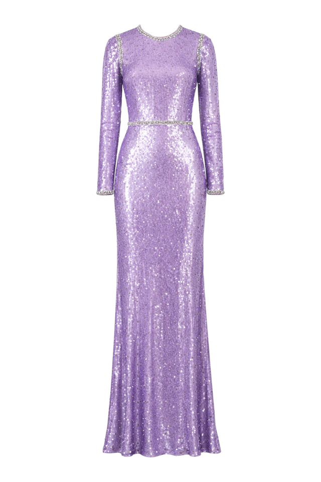 Valentino Lavender Embellished Long-Sleeve Evening Gown