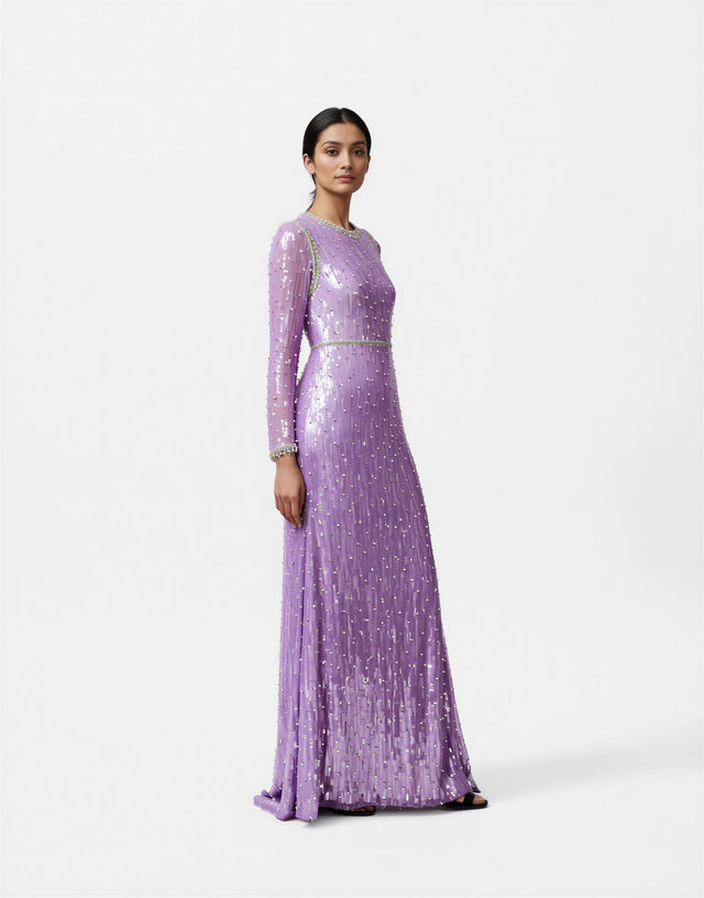 Valentino Lavender Embellished Long-Sleeve Evening Gown