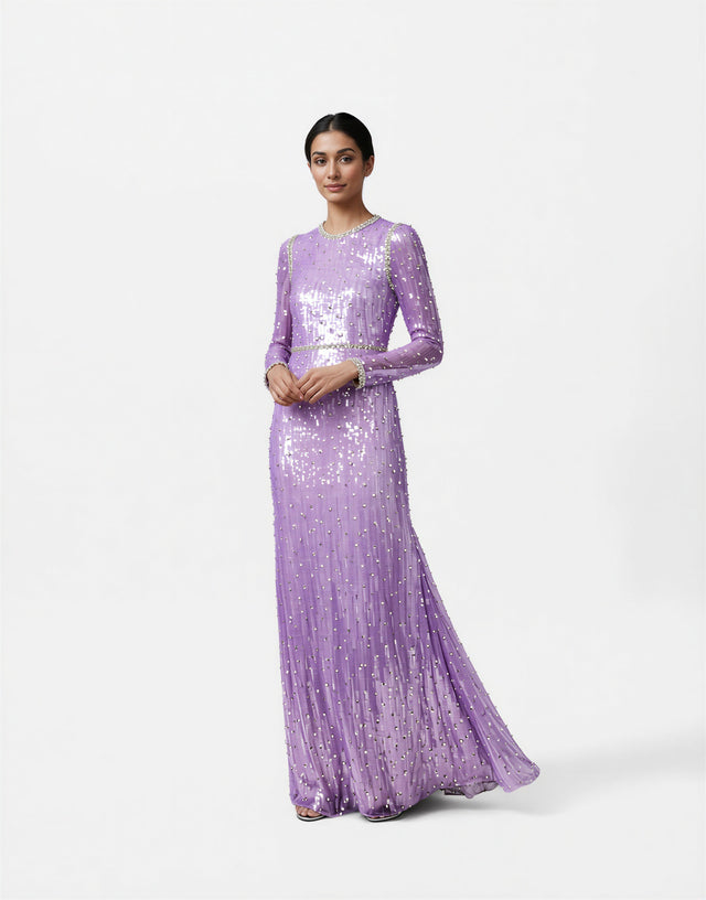 Valentino Lavender Embellished Long-Sleeve Evening Gown