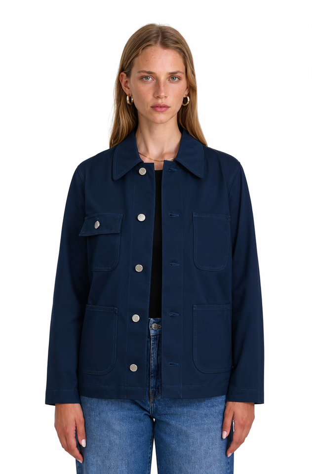 RED Valentino Cotton Utility Jacket in blue cotton twill with point collar and patch pockets