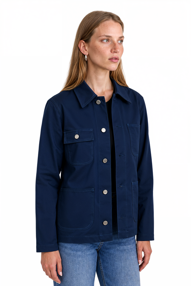 RED Valentino Cotton Utility Jacket in blue cotton twill with point collar and patch pockets