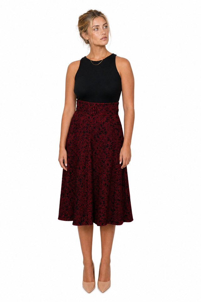 Valentino High-Waist Herringbone Midi A-Line Skirt in Red & Black