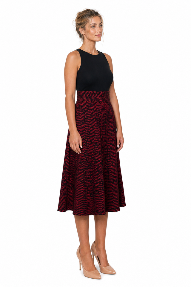 Valentino High-Waist Herringbone Midi A-Line Skirt in Red & Black