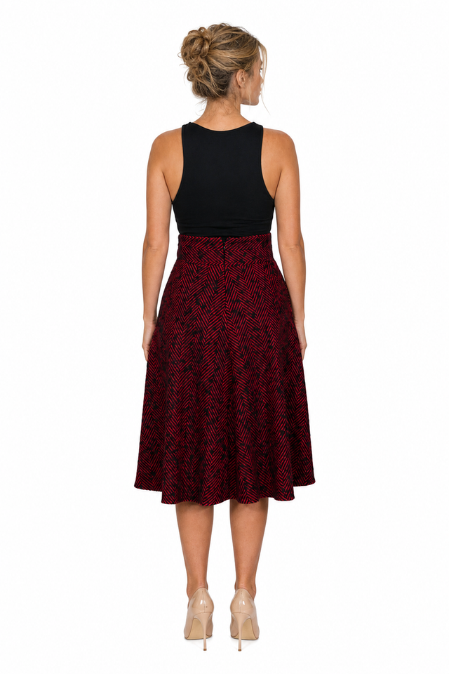 Valentino High-Waist Herringbone Midi A-Line Skirt in Red & Black