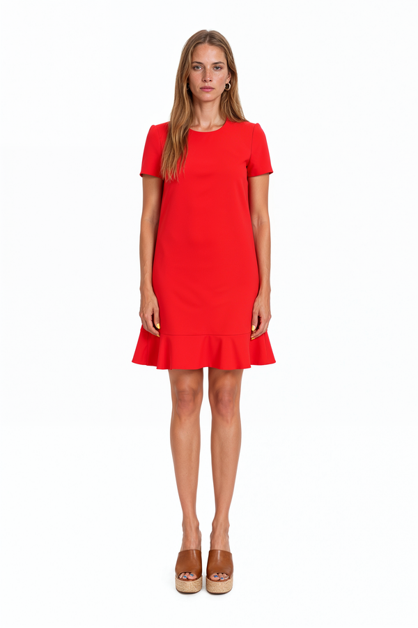 Red Valentino red mini dress with a playful ruffle hem, round neckline and tailored streamlined silhouette.