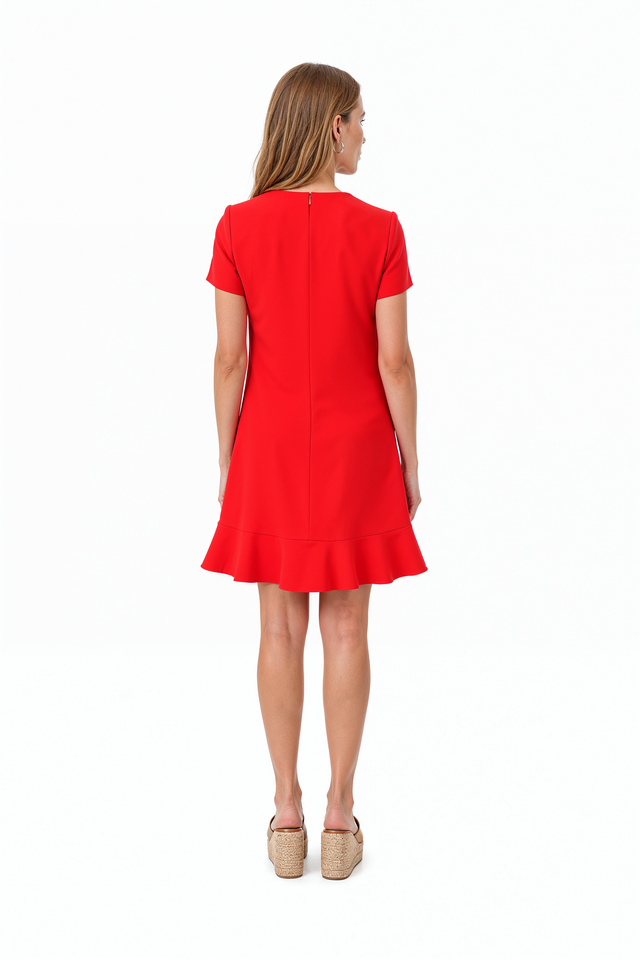 Red Valentino red mini dress with a playful ruffle hem, round neckline and tailored streamlined silhouette.
