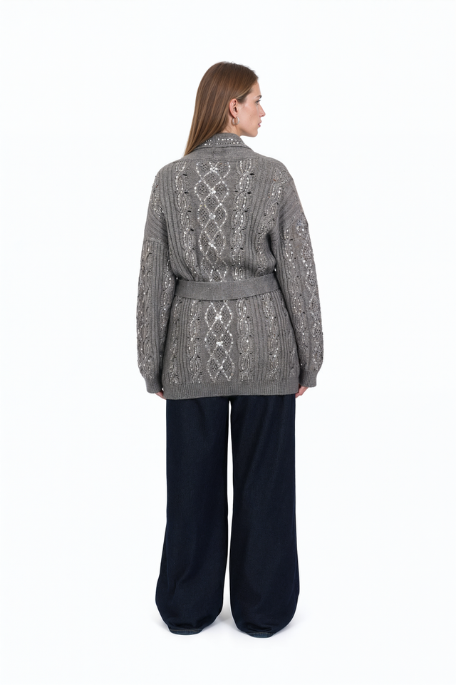 Valentino grey cable-knit belted cardigan with shawl collar
