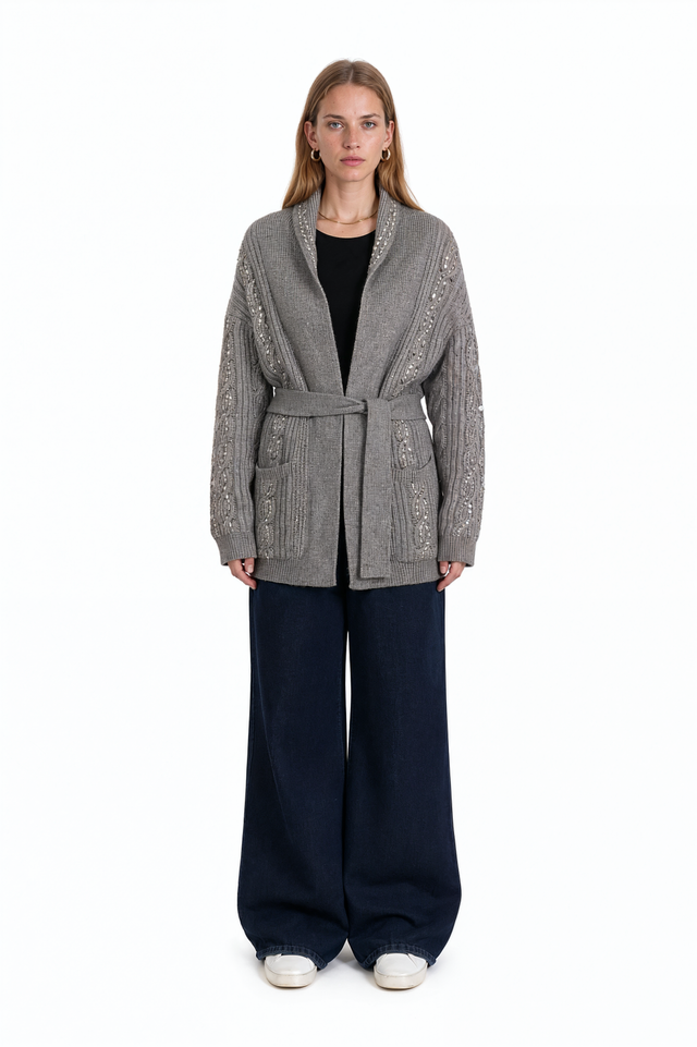 Valentino grey cable-knit belted cardigan with shawl collar