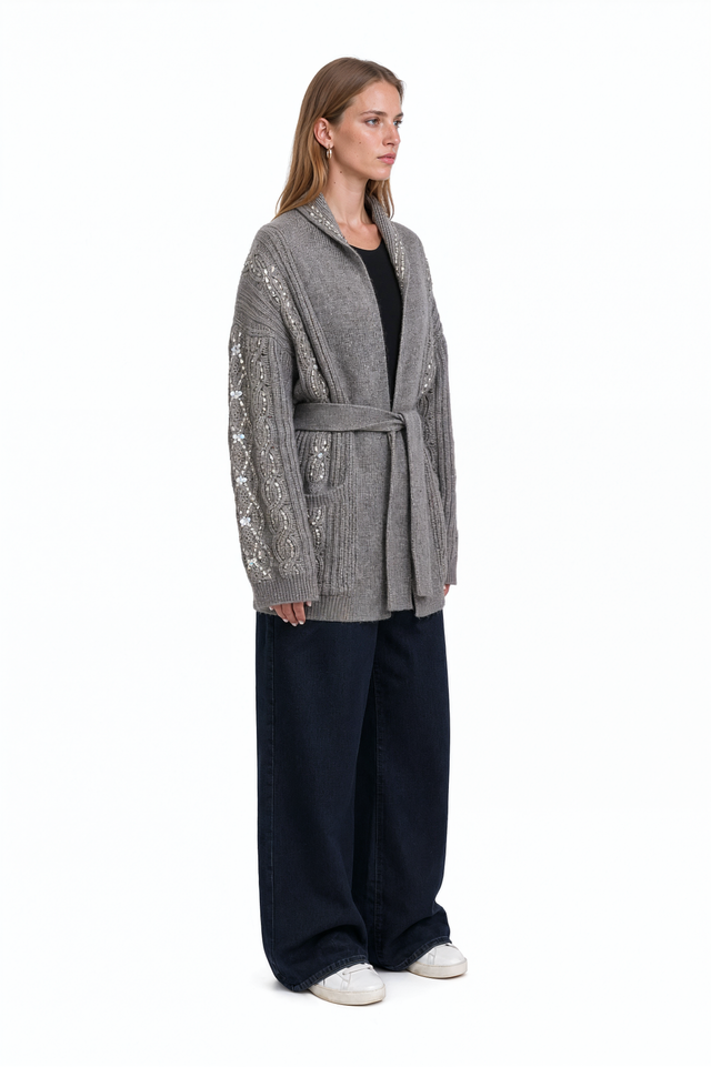 Valentino grey cable-knit belted cardigan with shawl collar