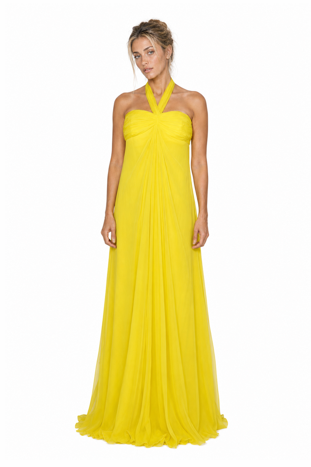 Valentino Pleated Silk Chiffon Halterneck Evening Gown in Canary Yellow