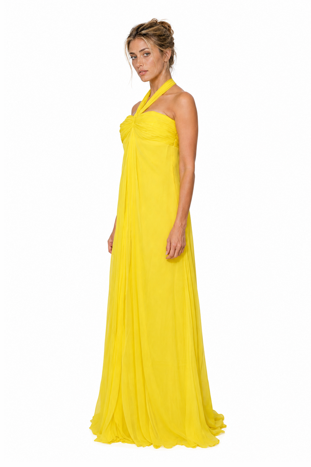 Valentino Pleated Silk Chiffon Halterneck Evening Gown in Canary Yellow