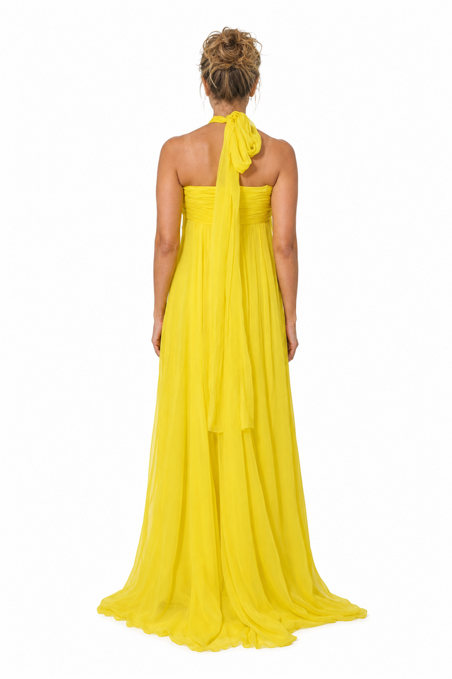 Valentino Pleated Silk Chiffon Halterneck Evening Gown in Canary Yellow