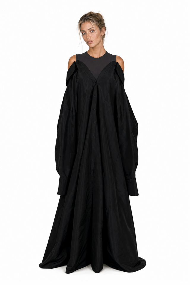 Valentino Off-the-Shoulder Silk Poplin Shirt Gown with Cathedral Train in Jet Black
