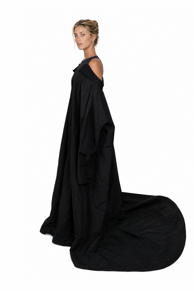 Valentino Off-the-Shoulder Silk Poplin Shirt Gown with Cathedral Train in Jet Black