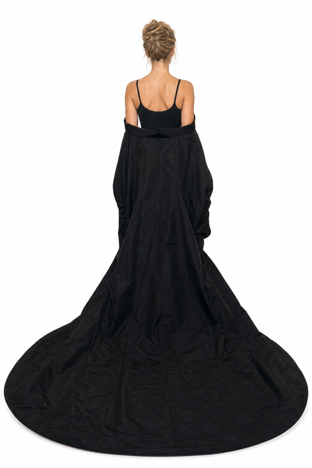Valentino Off-the-Shoulder Silk Poplin Shirt Gown with Cathedral Train in Jet Black