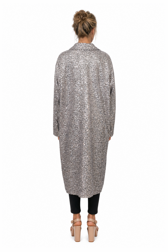 Valentino Silver Sequin Coat with Feather Trim