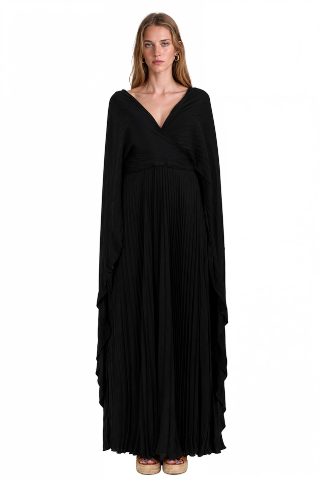 Valentino black pleated cape-effect gown
