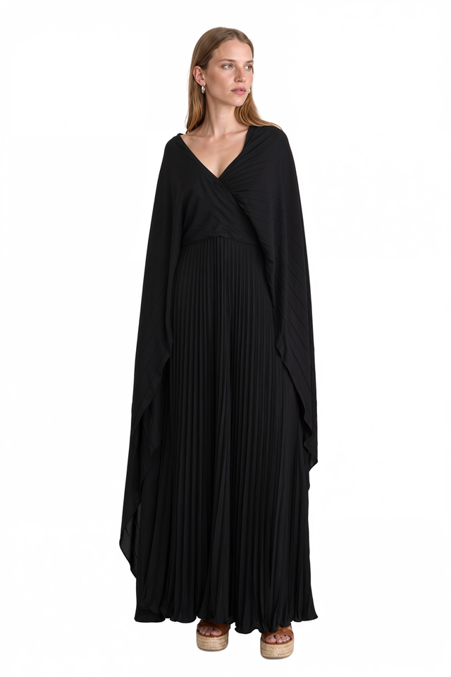 Valentino black pleated cape-effect gown