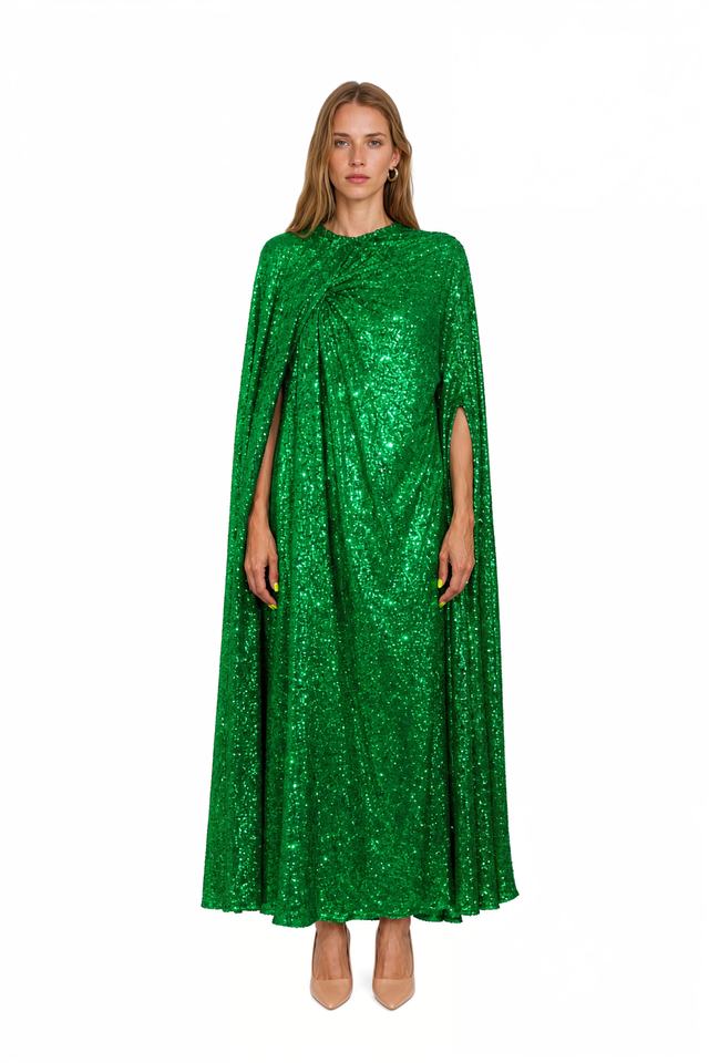 Valentino Sequined Twisted Cape Gown in emerald green with a sweeping cape back