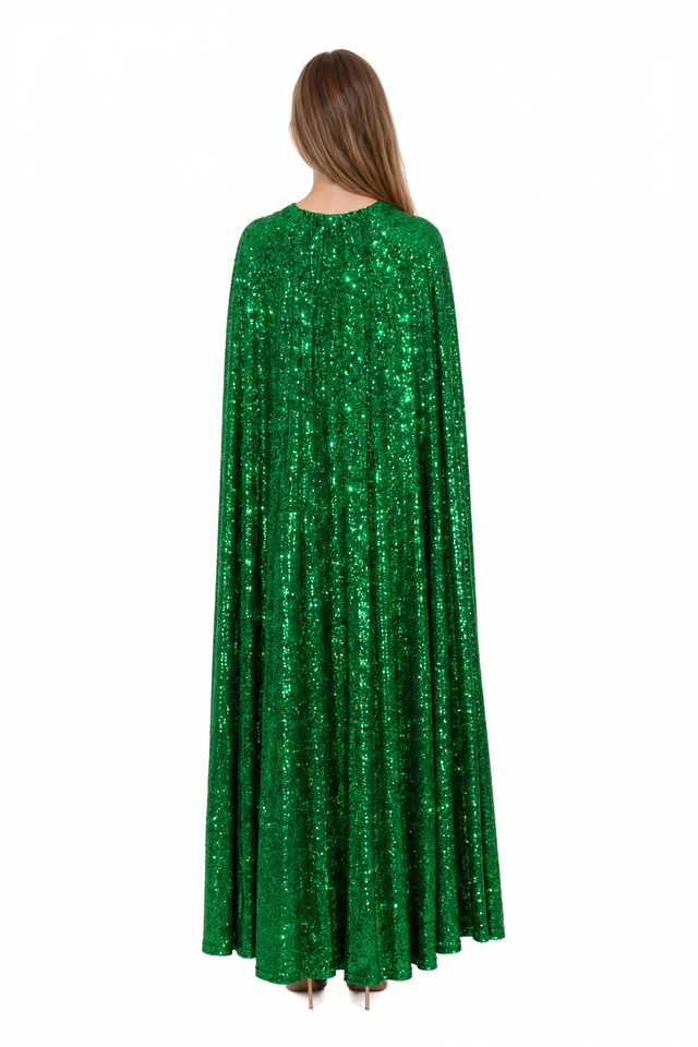 Valentino Sequined Twisted Cape Gown in emerald green with a sweeping cape back