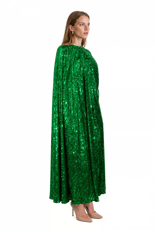 Valentino Sequined Twisted Cape Gown in emerald green with a sweeping cape back