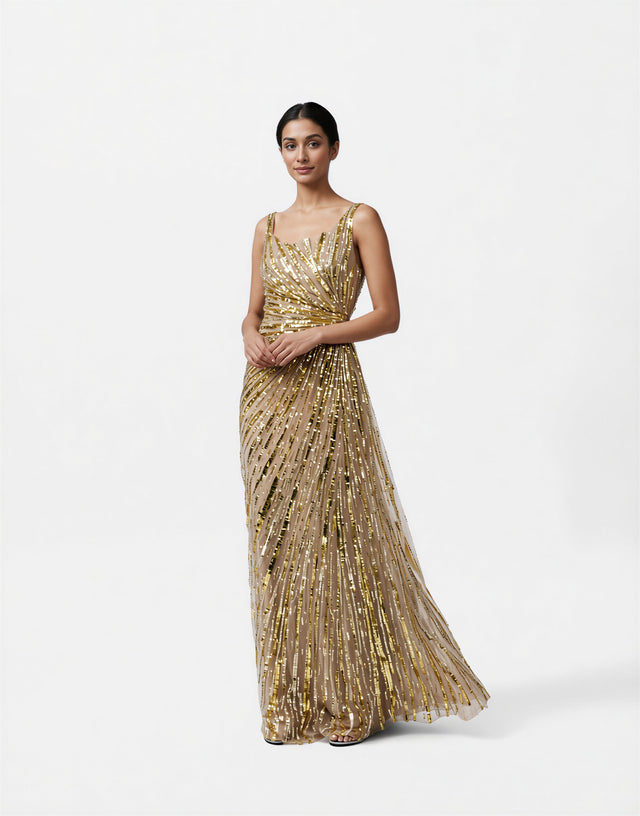 Valentino Gold Embellished Sleeveless Evening Gown
