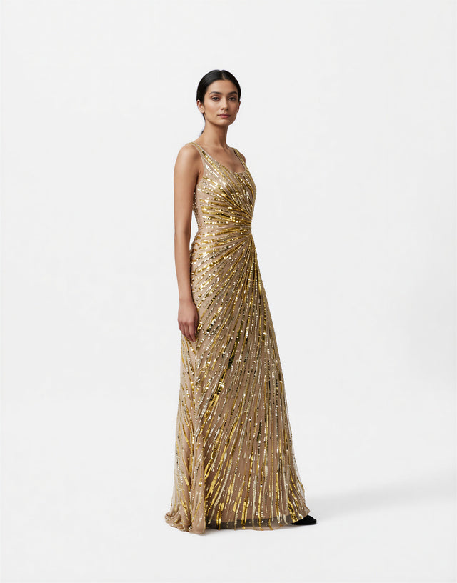 Valentino Gold Embellished Sleeveless Evening Gown