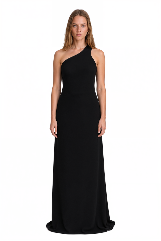 Valentino black crepe column gown with asymmetric one-shoulder neckline – front view