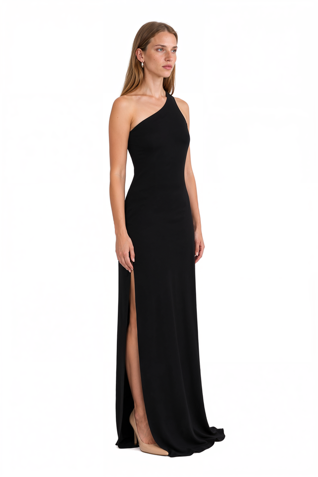 Side view of a Valentino black one-shoulder column gown