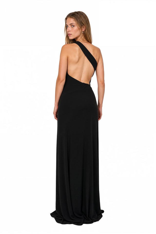 Back view of a Valentino black crepe gown with shoulder strap detail