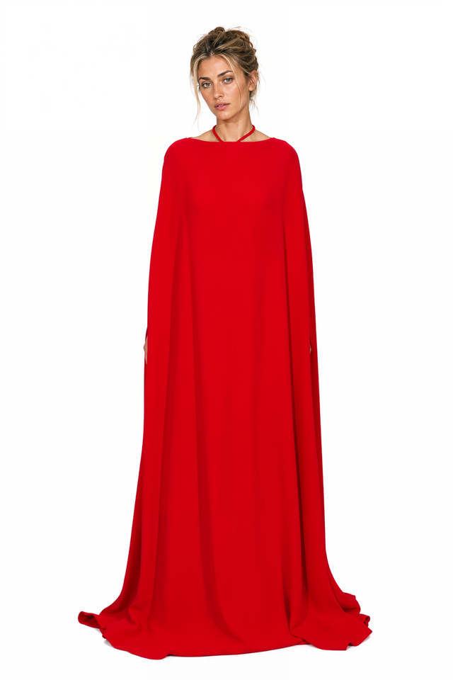 Valentino Cape-Sleeve Halter Maxi Gown in Vibrant Red