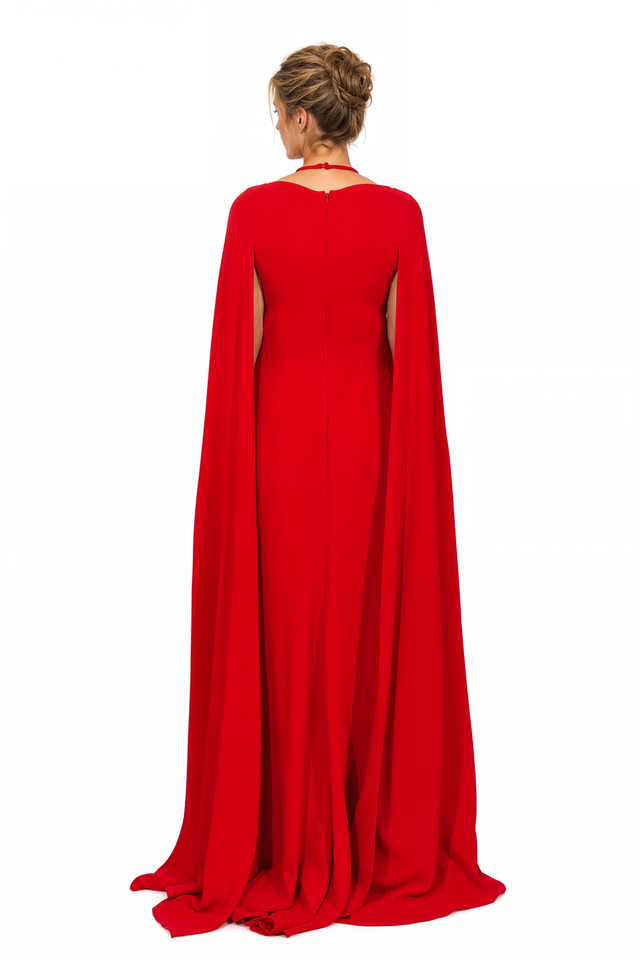 Valentino Cape-Sleeve Halter Maxi Gown in Vibrant Red