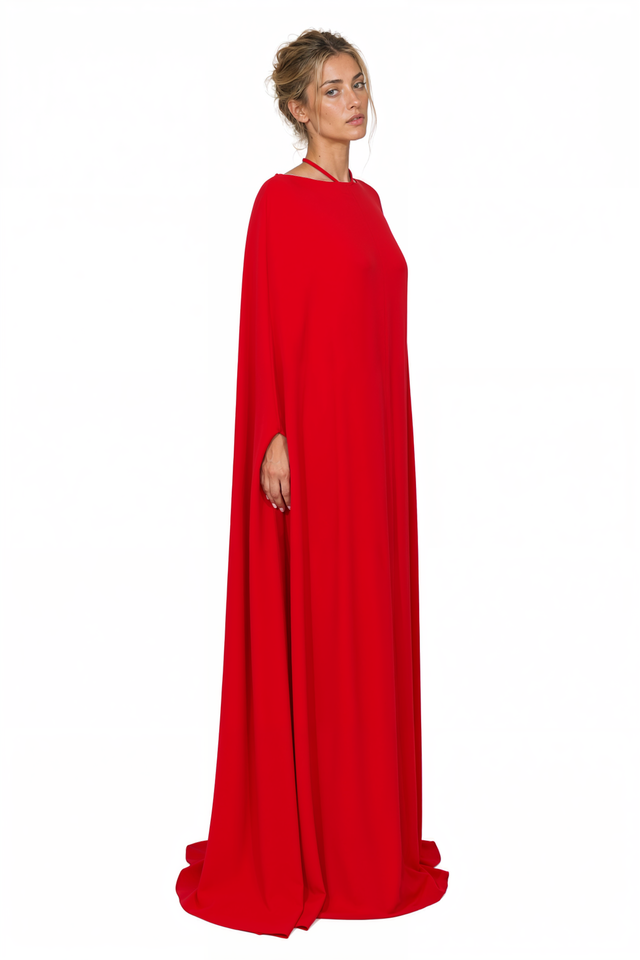 Valentino Cape-Sleeve Halter Maxi Gown in Vibrant Red