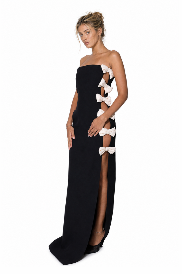 Valentino Women's Bow Cutout Strapless Column Gown in Black & Ivory