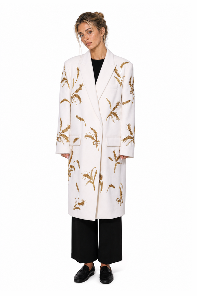Valentino wheat-embroidered single-breasted virgin wool coat in ivory and gold