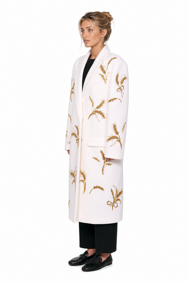 Valentino wheat-embroidered single-breasted virgin wool coat in ivory and gold