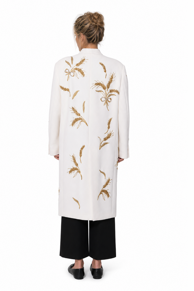 Valentino wheat-embroidered single-breasted virgin wool coat in ivory and gold