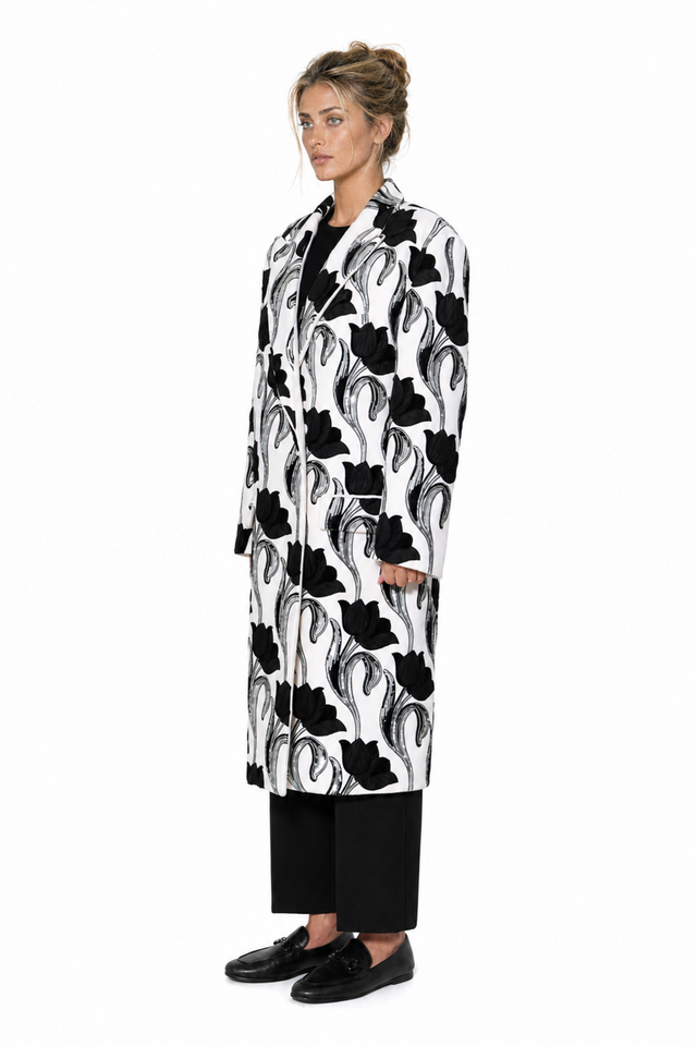 Valentino Tulip Velvet-Appliqué Double-Breasted Wool Coat in Chalk White & Jet Black